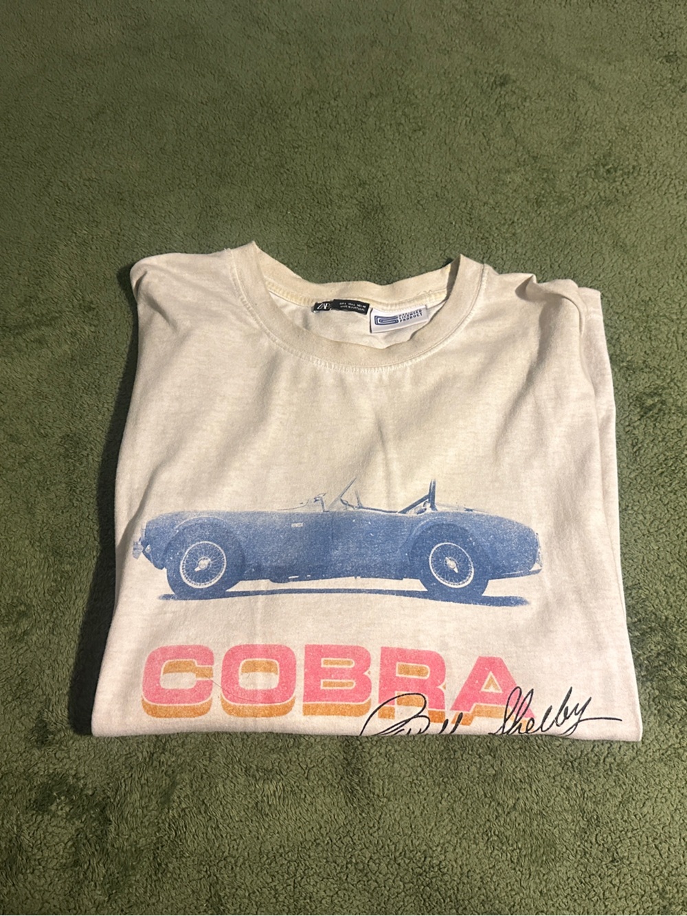Zara Cream Graphic Tee with Blue Car and Pink/Orange Lettering
